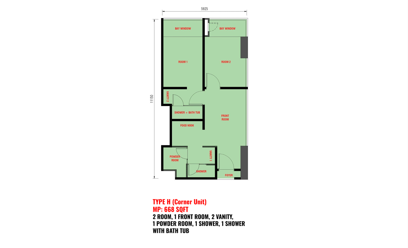 The Bedrock Type h - 668 sqft (4R + 3B) floor plan, Jesselton Docklands